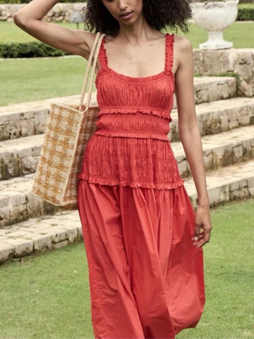 Doen Marianne Dress Red Orange Ruche Dress sz M *AS IS* - Picture 6 of 15